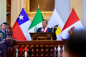 En la sala Raúl Porras Barrenechea se da inicio a la sesión solemne de apertura de la decimosexta sesión plenaria ordinaria de EuroLat, con las palabras de bienvenida del presidente del Congreso de la República, Eduardo Salhuana Cavides. (Congreso de la República/JReátegui)
